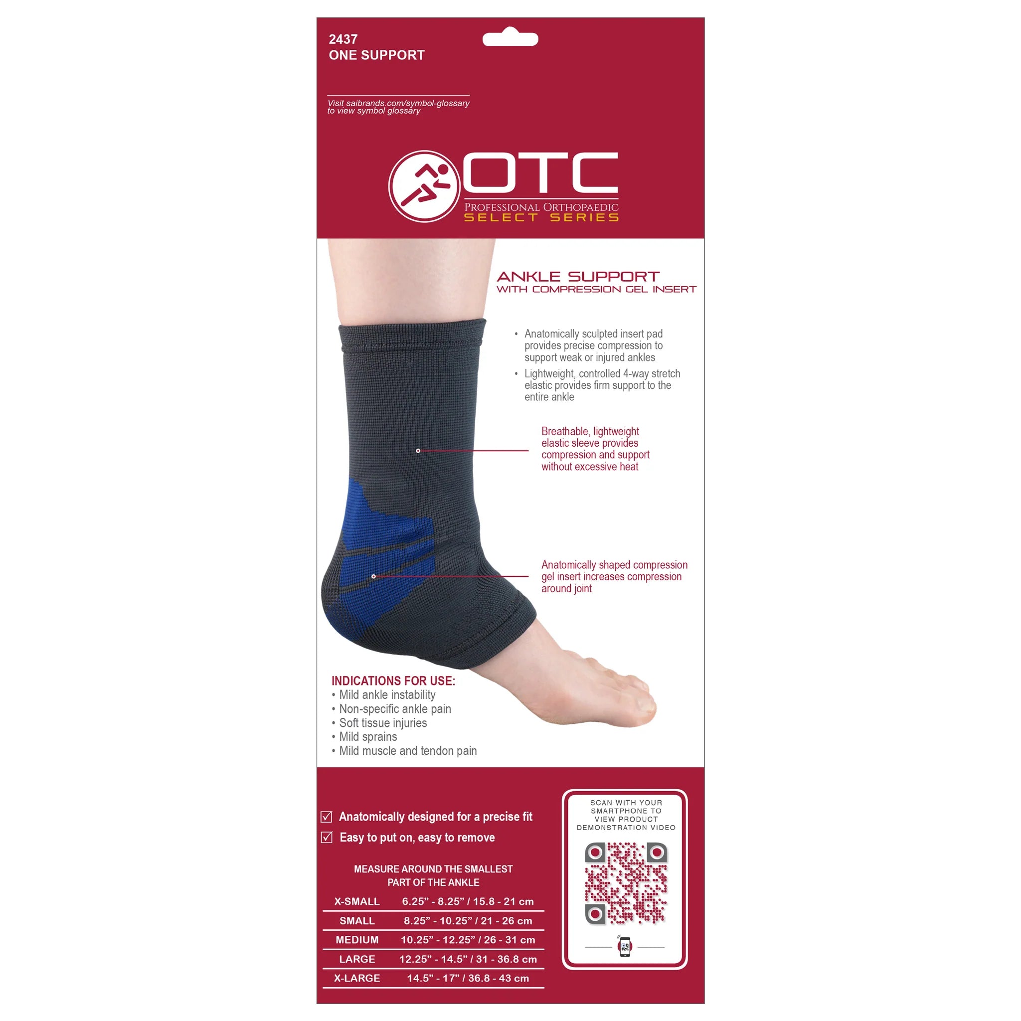 Ankle Support Brace W/Compression Gel Insert L (12 1/4-14 1/4") 4-Way Stretch Elastic Blue