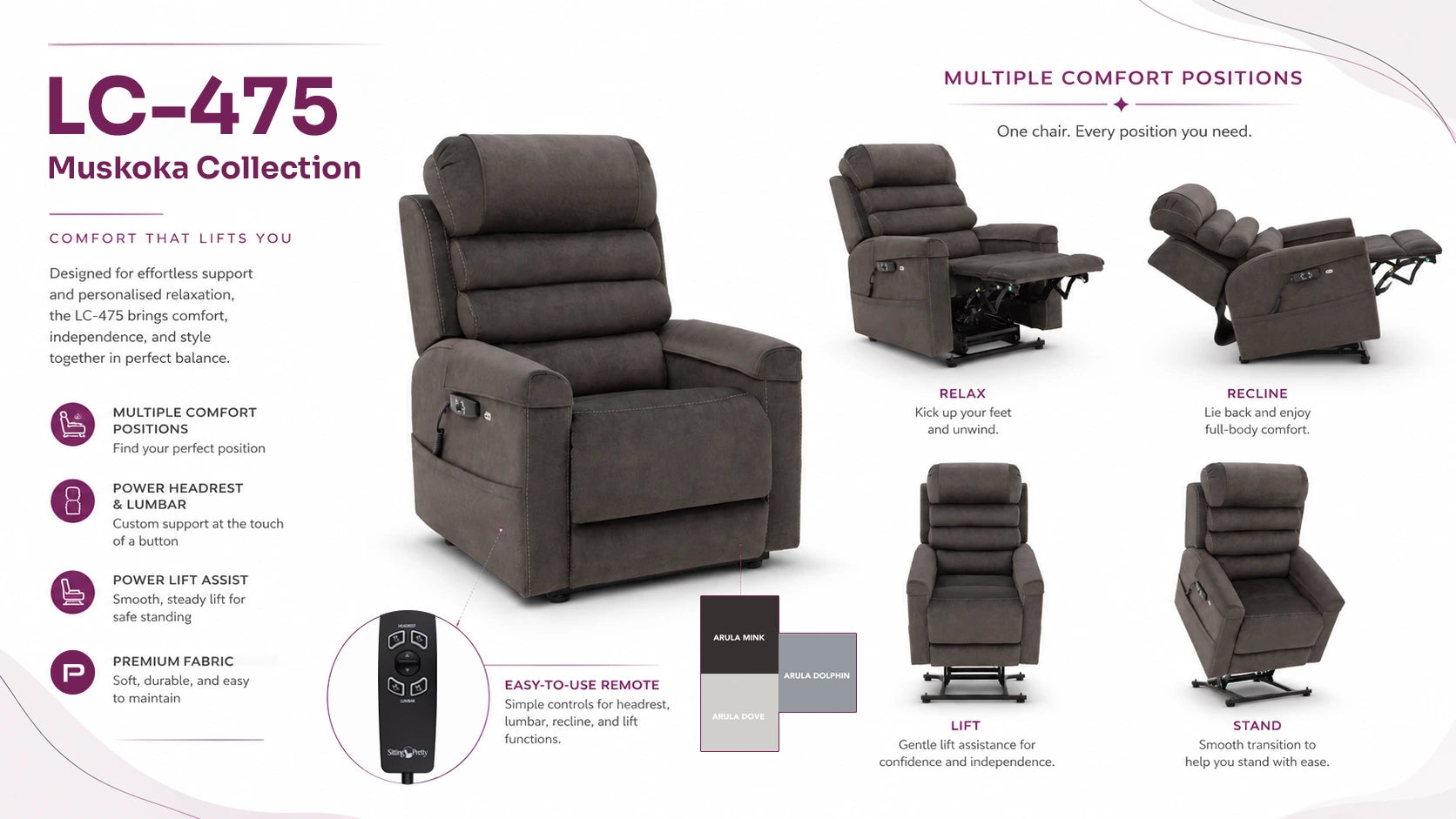 Pride Muskoka LC-475 Power Lift Recliner Dolphin Grey