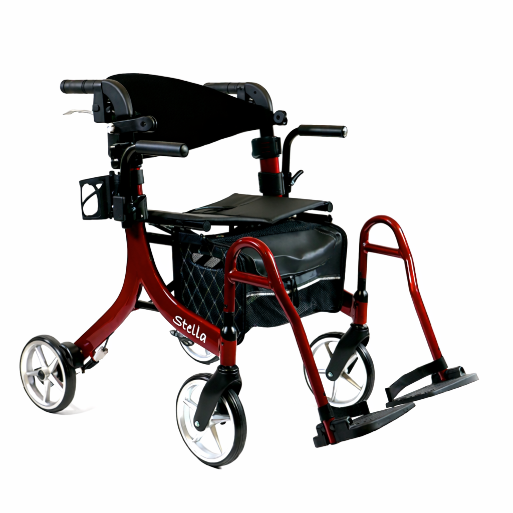Red and black rollator with 'Stella' branding on a white background