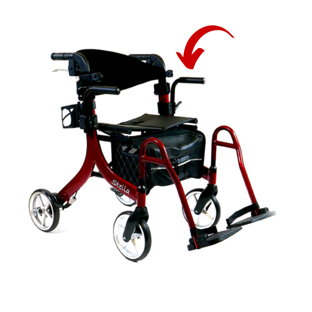 Red and black rollator with a seat and armrest, featuring the brand 'Stella'.