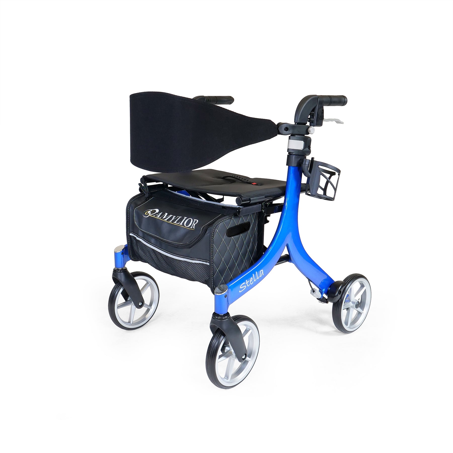 Blue rollator with black seat on a white background