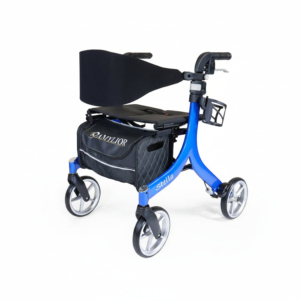 Blue rollator with black seat on a white background
