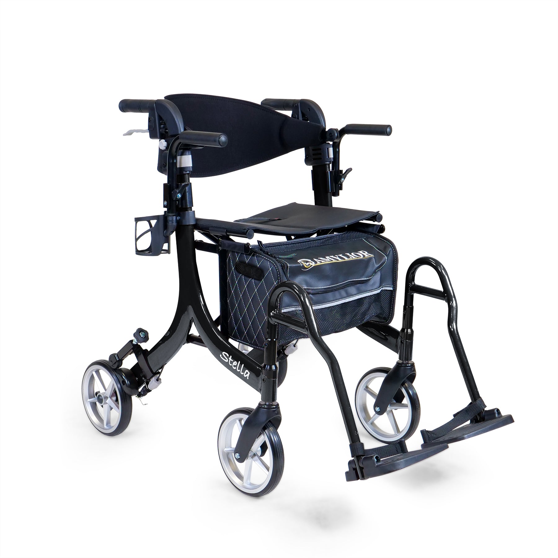 Black rollator with seat on a white background