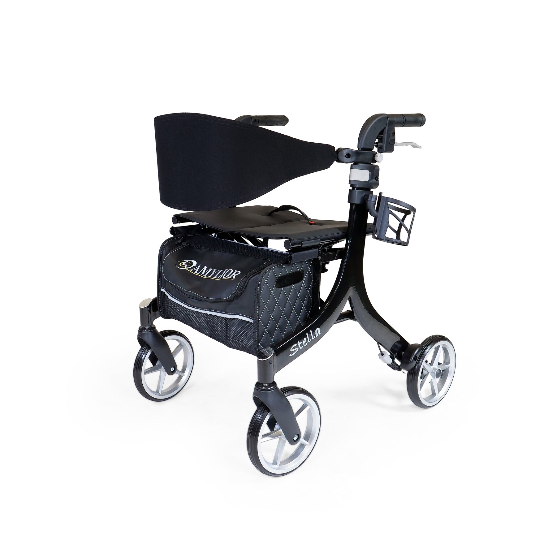 Black rollator with seat on a white background