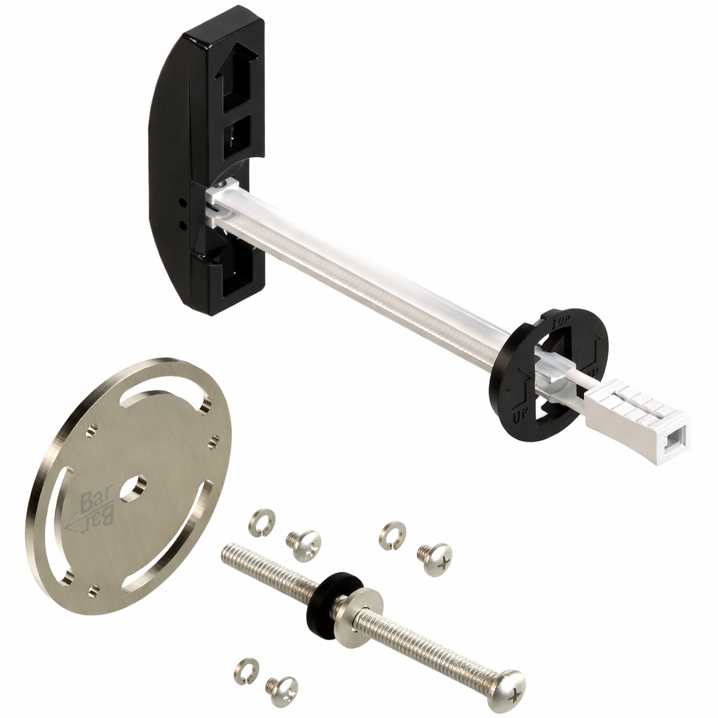 Mechanical parts including a metal rod, black bracket, and screws on a white background