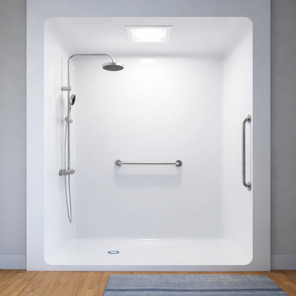Modern shower enclosure with handheld shower head, fixed shower head, and grab bar.