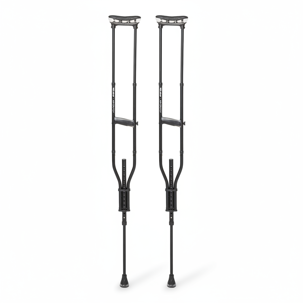 Pair of black crutches on a white background