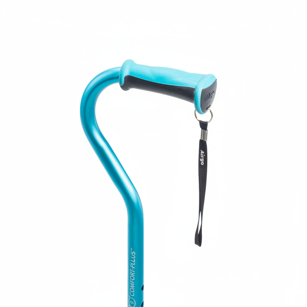 Blue cane with a black handle on a white background