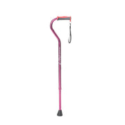 Pink walking cane with a black foot pad on a white background