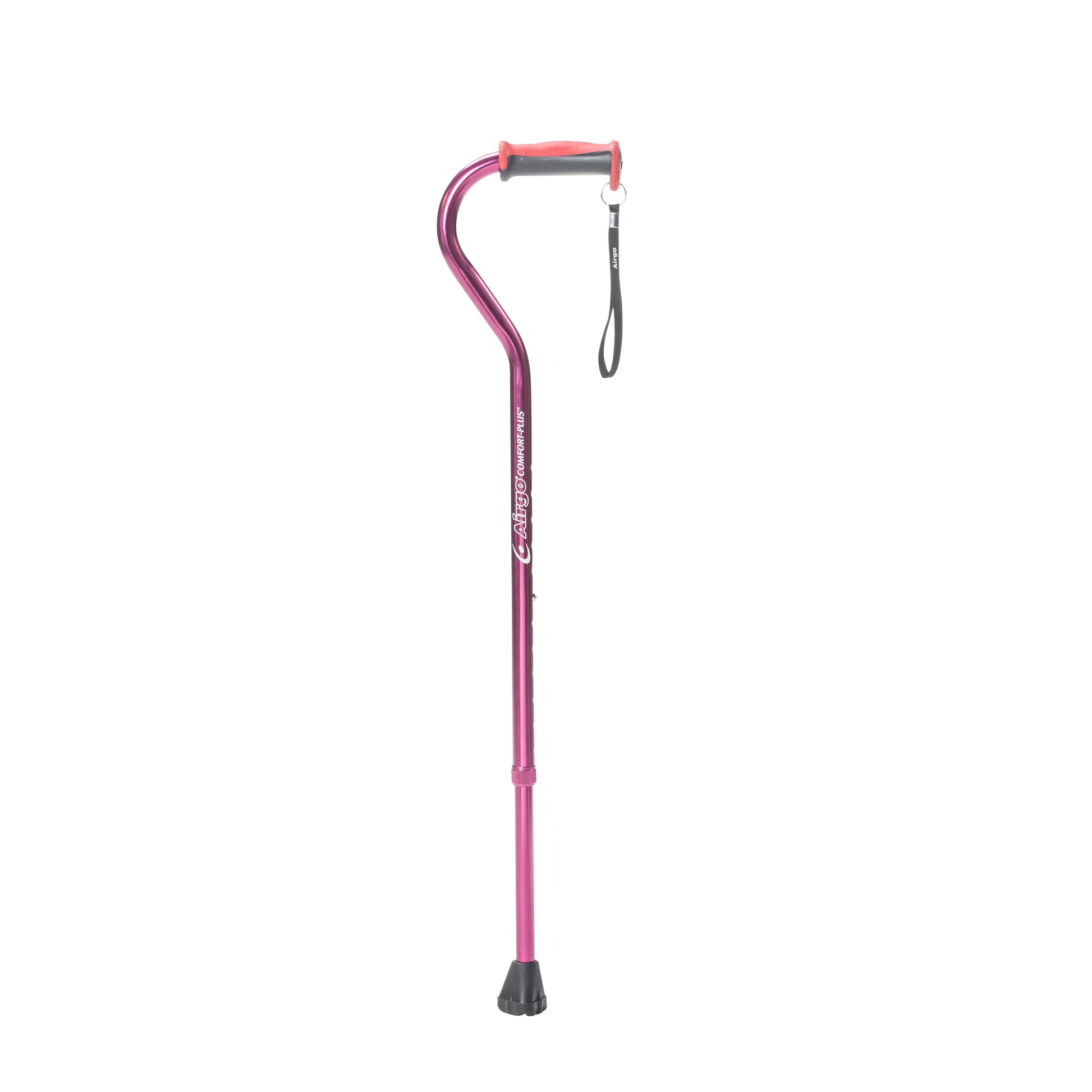 Pink walking cane with a black foot pad on a white background
