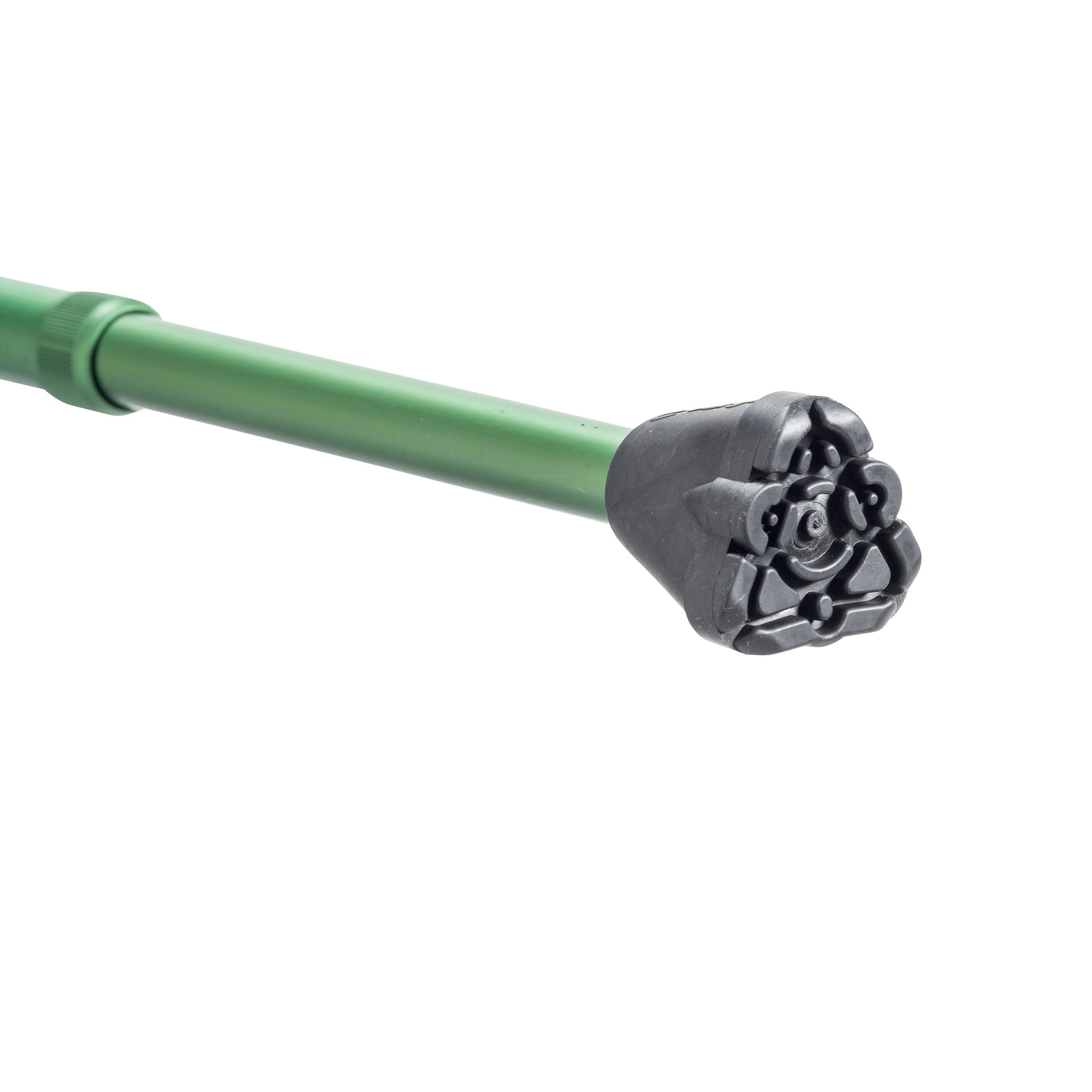 Green metal rod with a black decorative rose finial on a white background