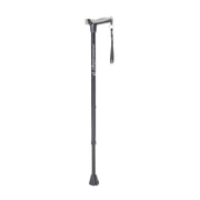Black adjustable walking cane on a white background