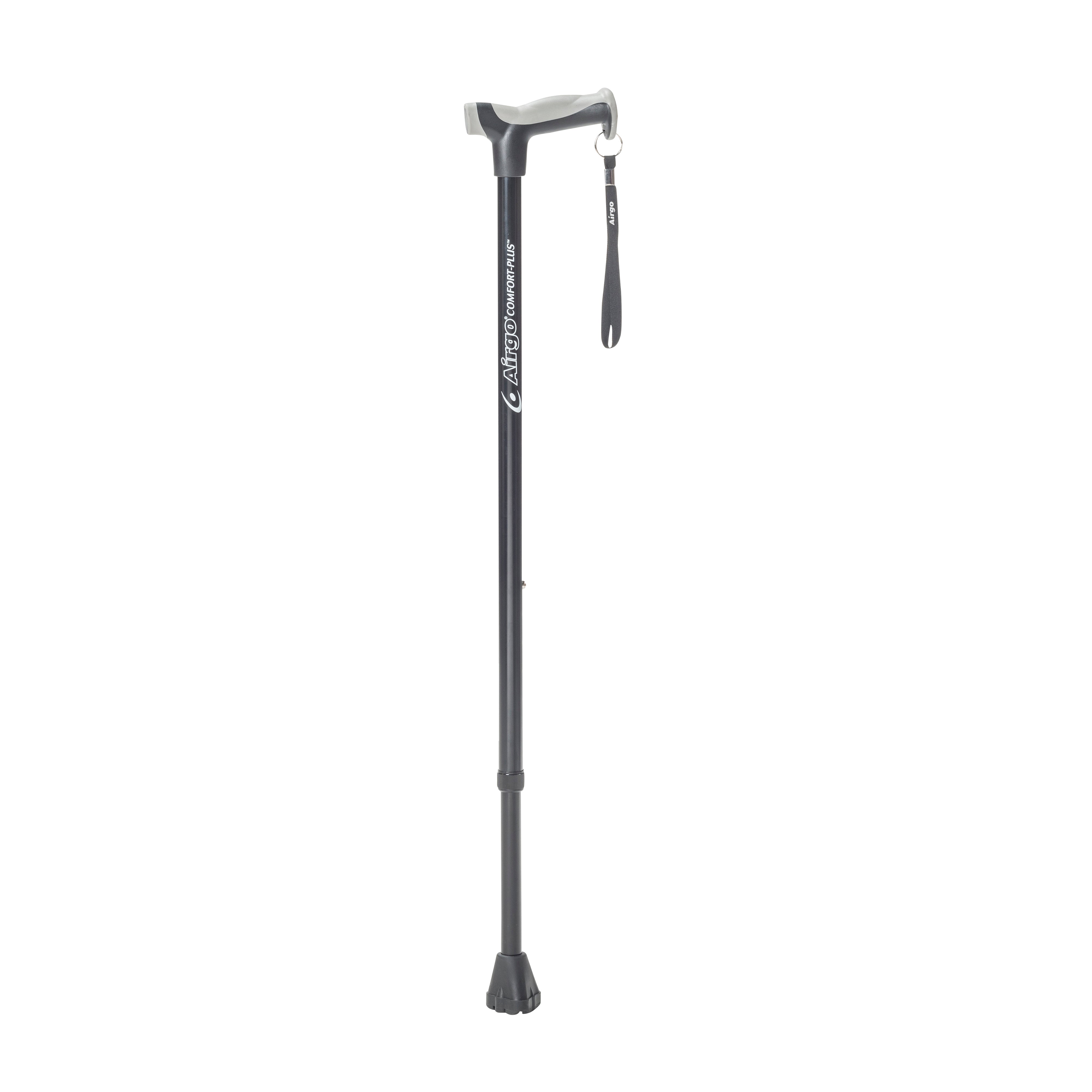 Black adjustable walking cane on a white background