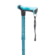 Blue walking cane with black handle on a white background