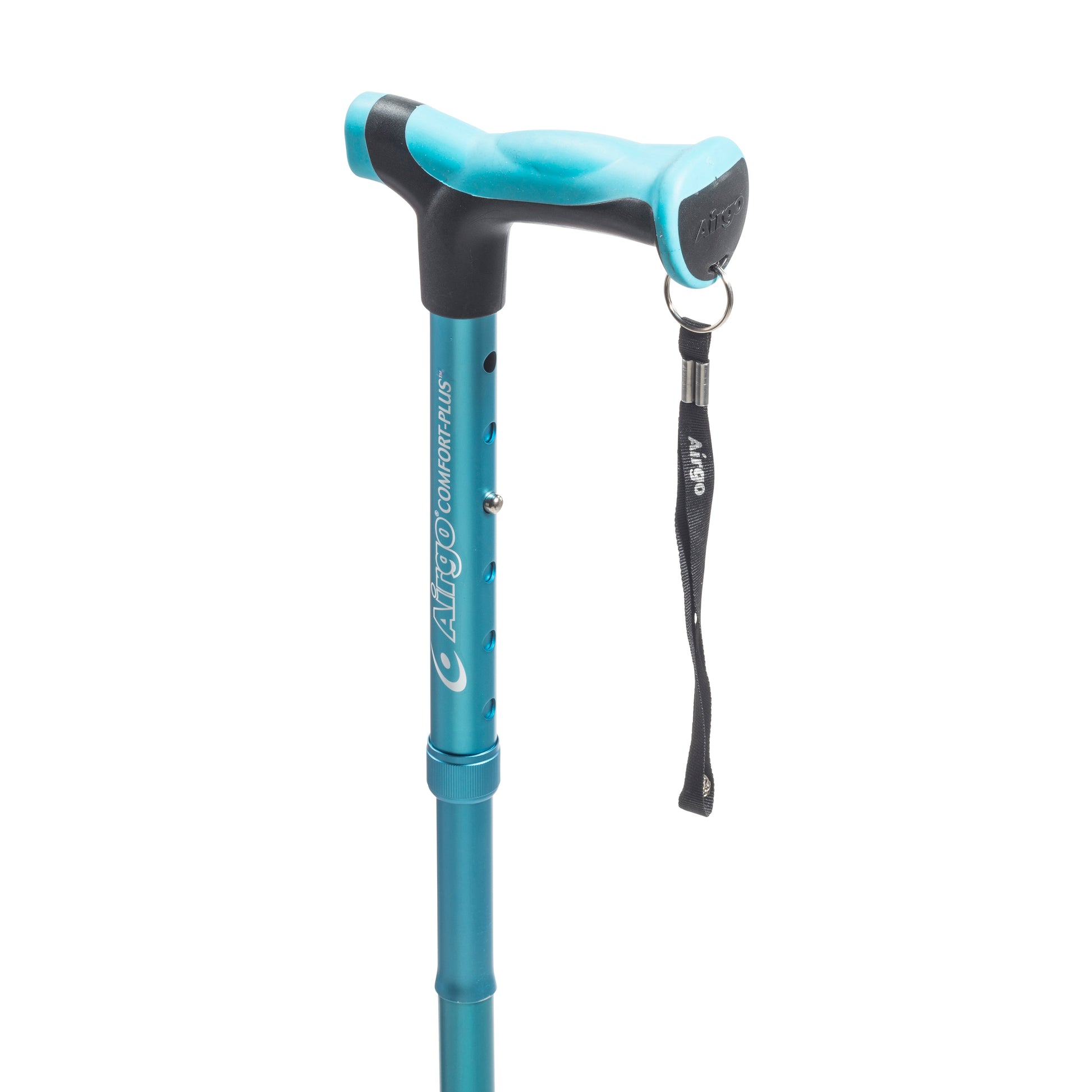 Blue walking cane with black handle on a white background