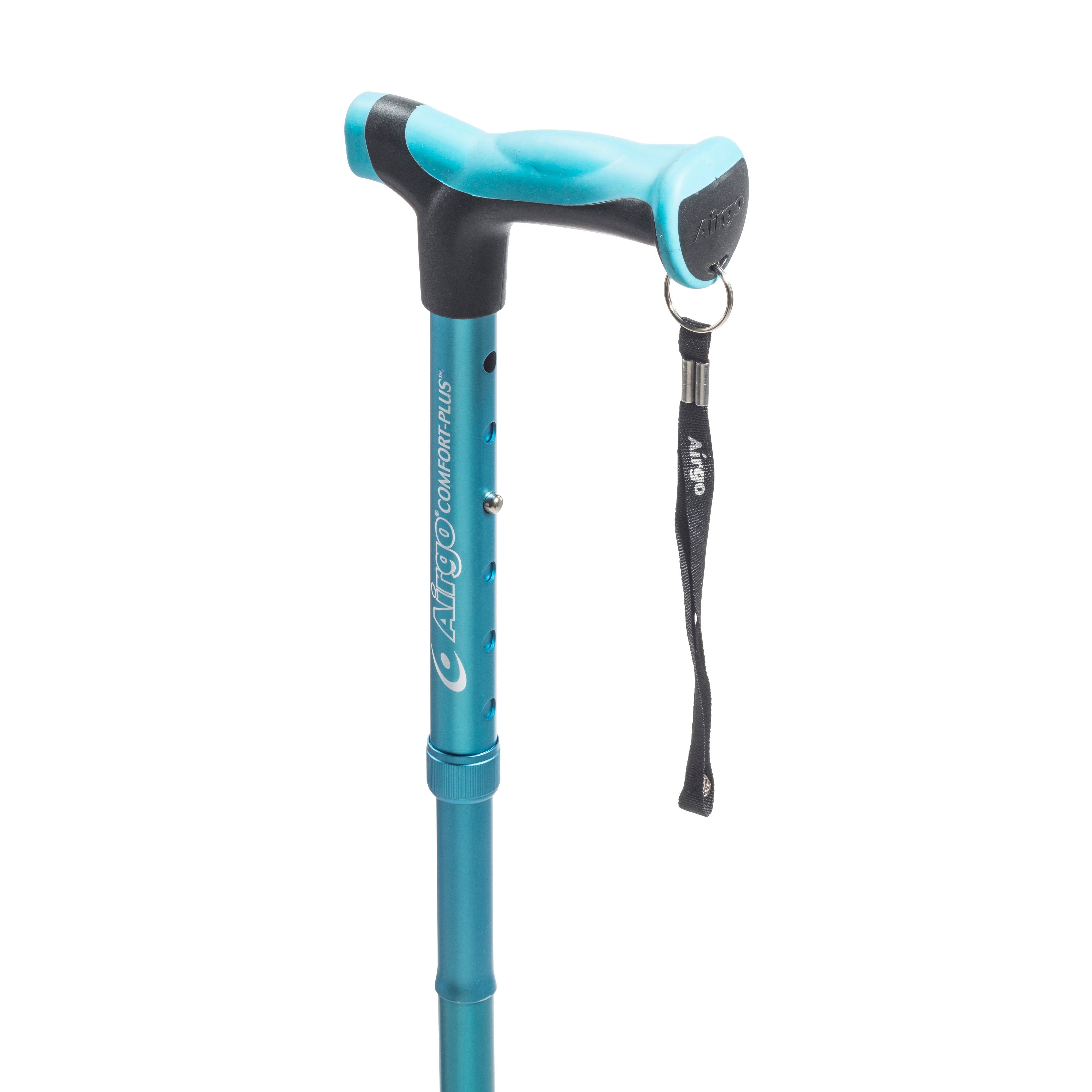 Blue walking cane with black handle on a white background
