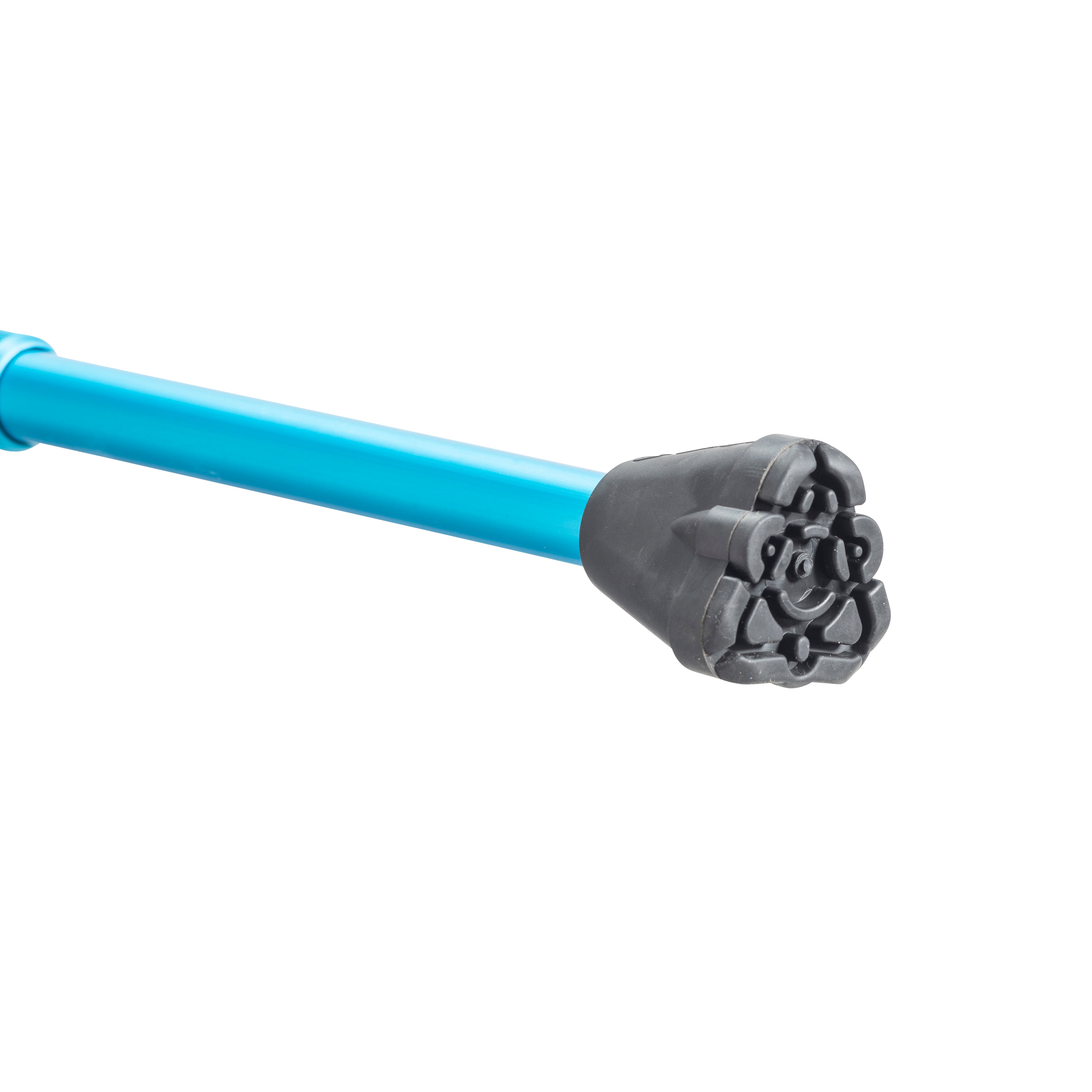 Blue aluminium cane with a black textured end on a white background