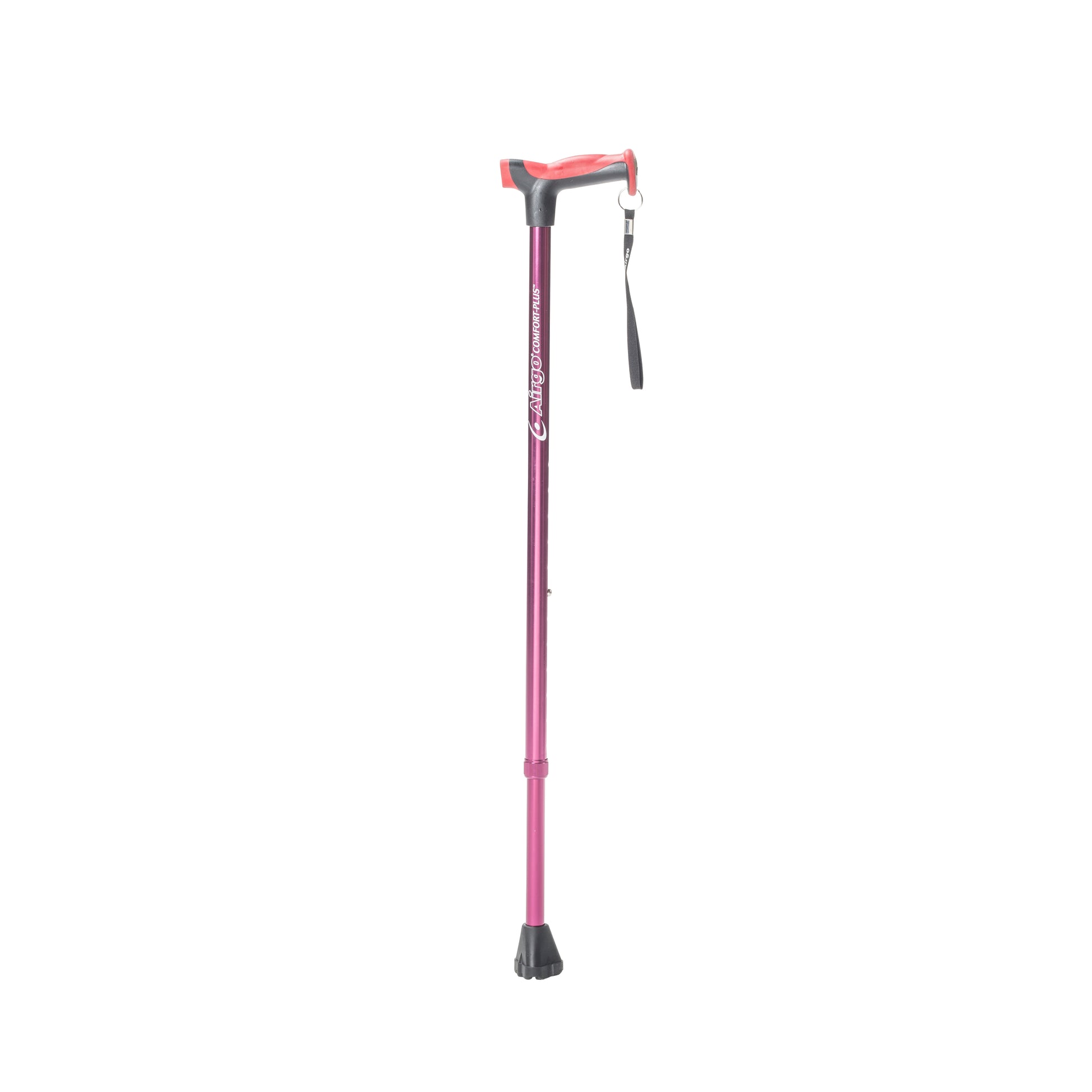 Purple walking cane with a black base on a white background