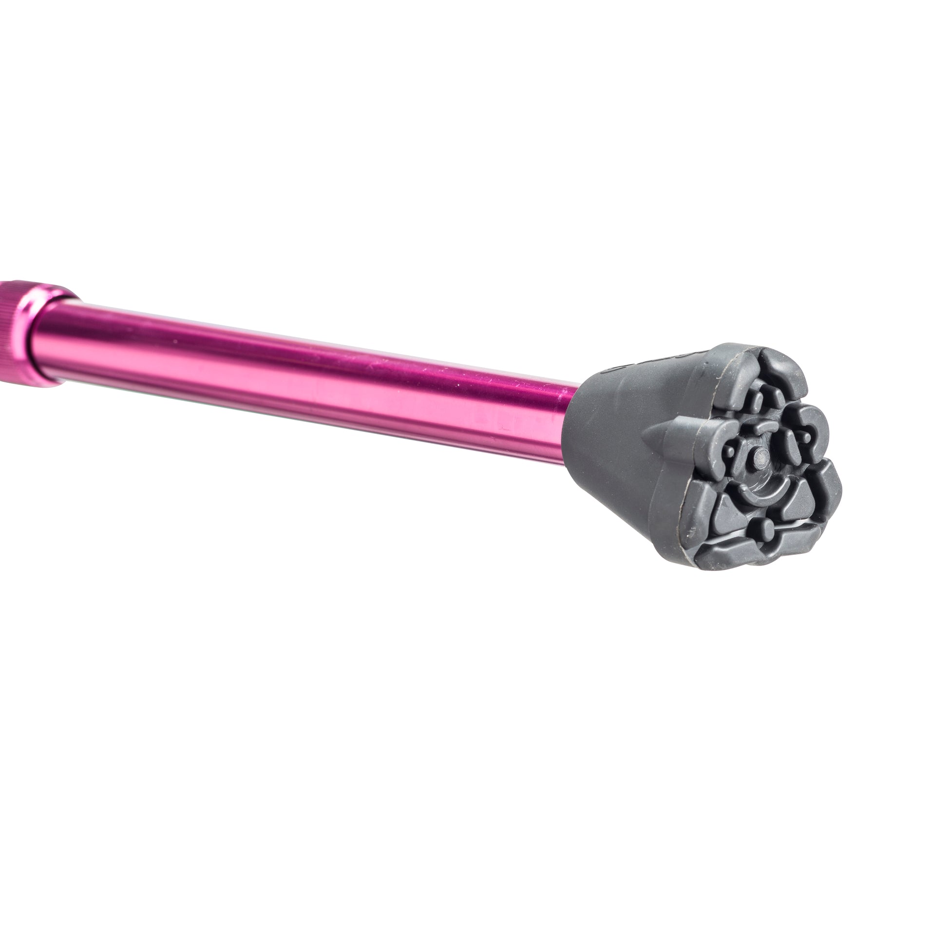 Pink Aluminum cane with a grey floral-patterned end on a white background