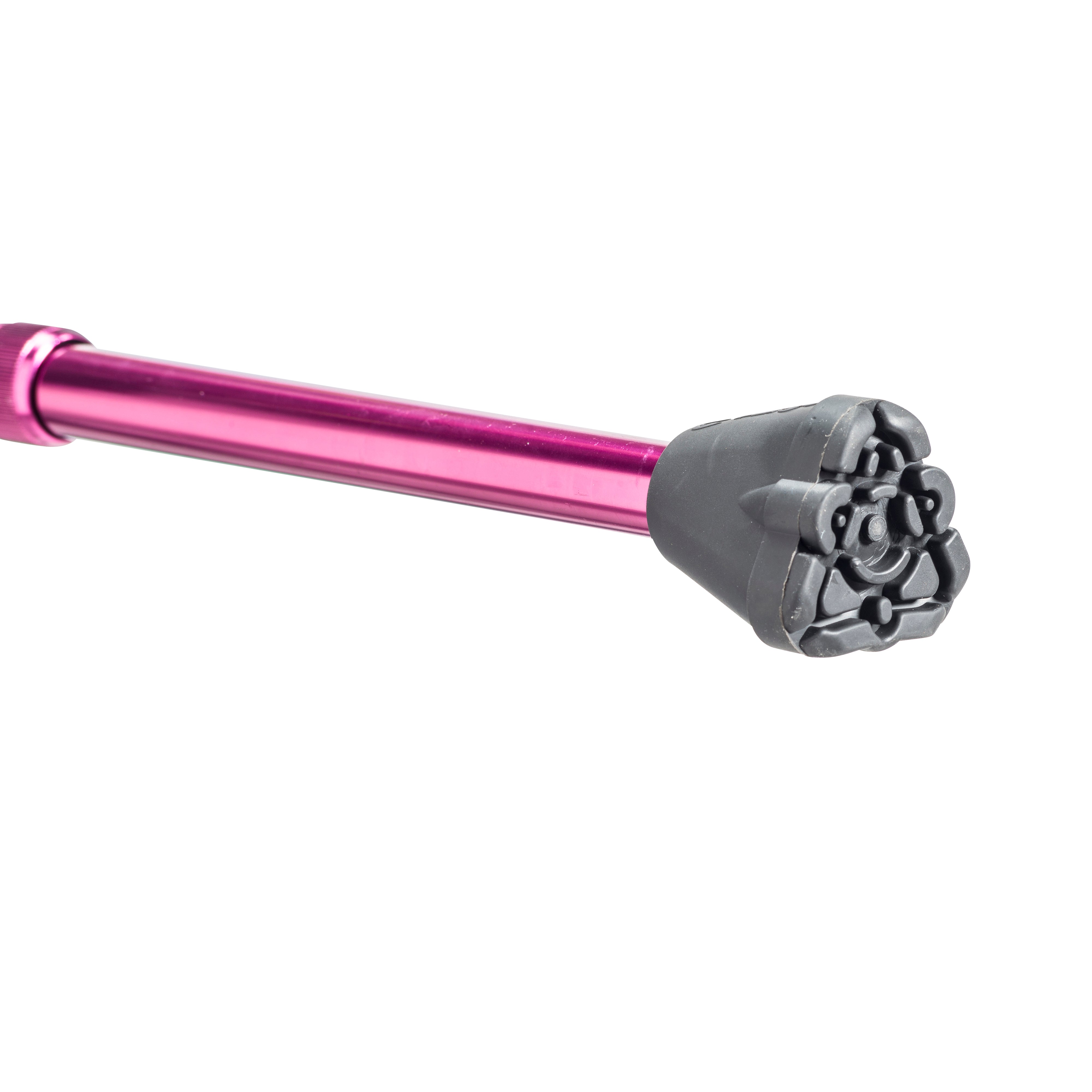 Pink Aluminum cane with a grey floral-patterned end on a white background