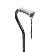 Black walking cane with gray handle on a white background