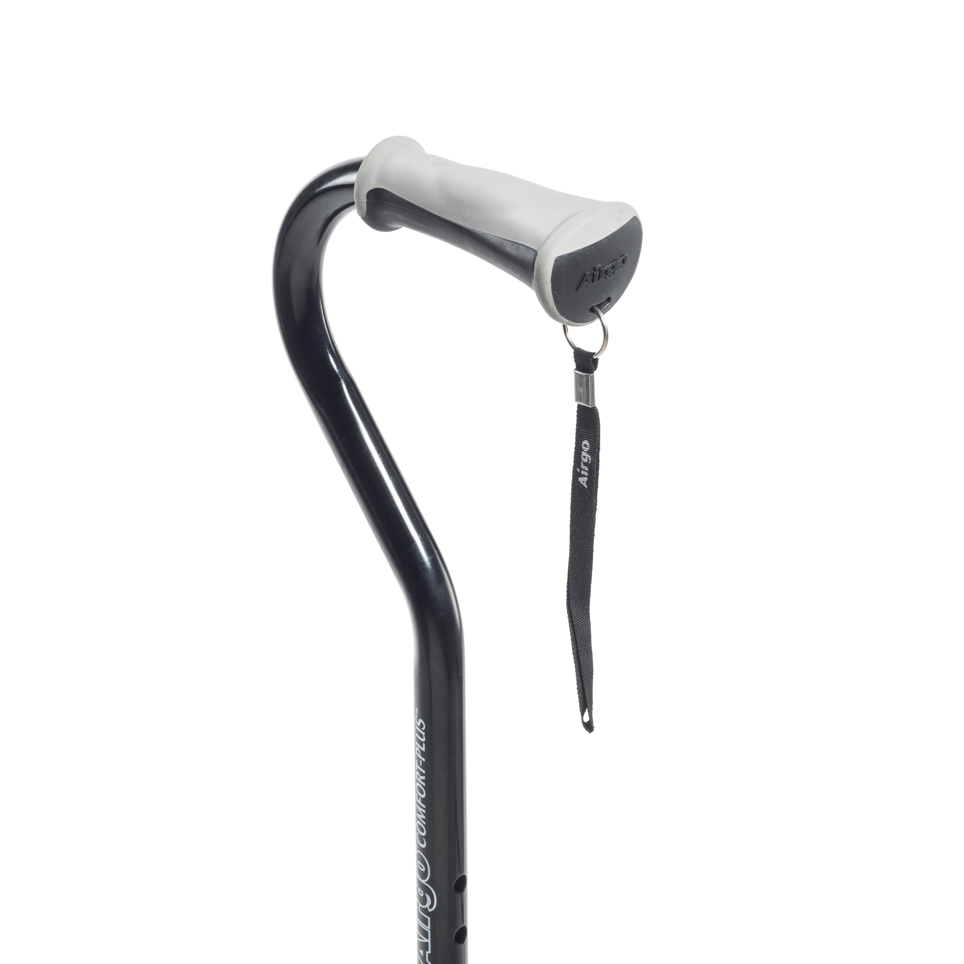 Black walking cane with gray handle on a white background