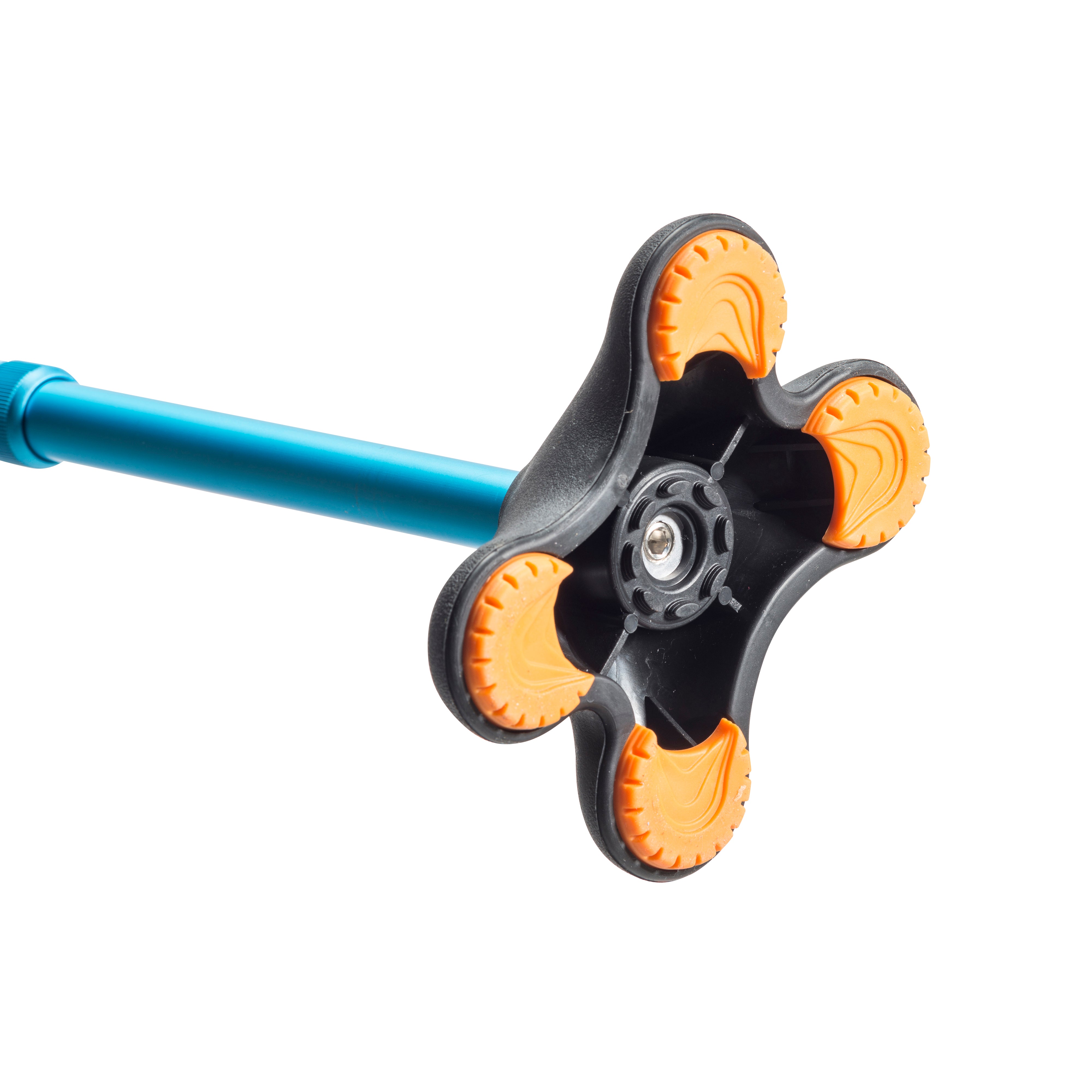 Blue cane with black and orange wheel attachment on a white background
