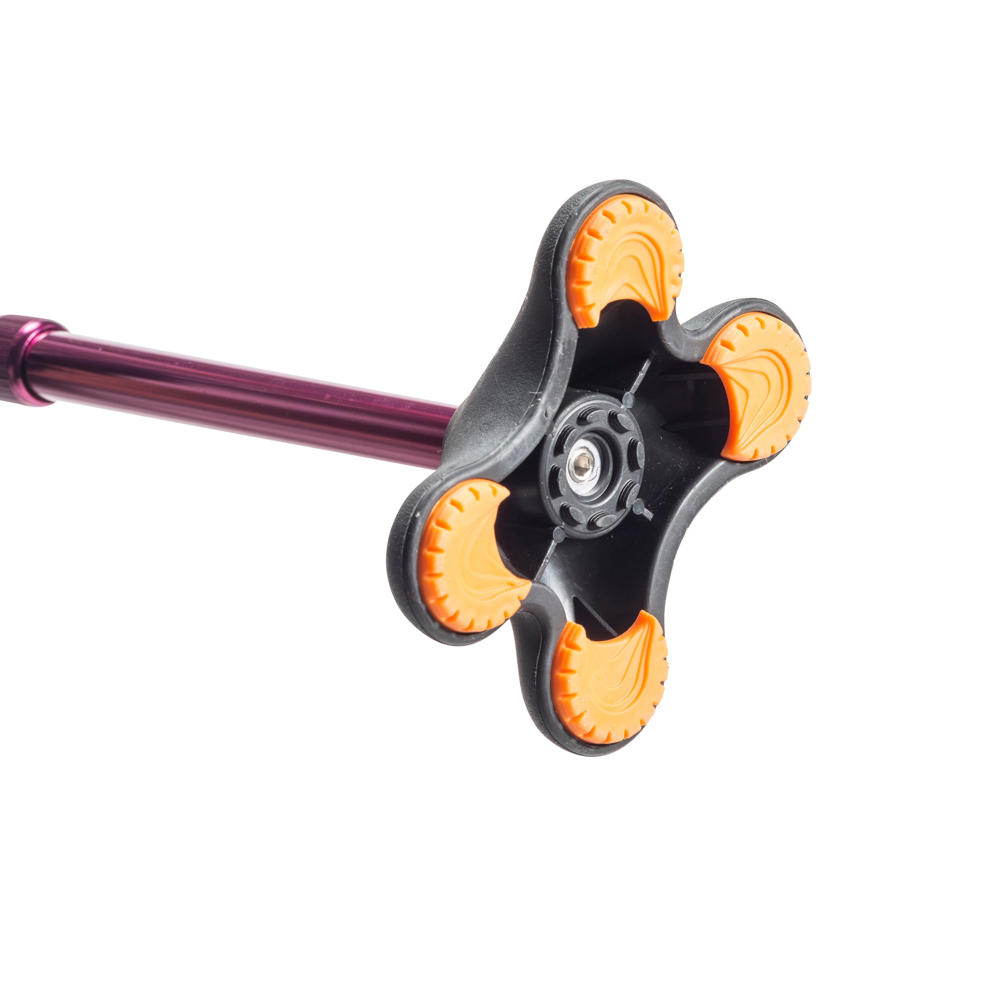 Close-up of a purple and black cane with orange accents on a white background