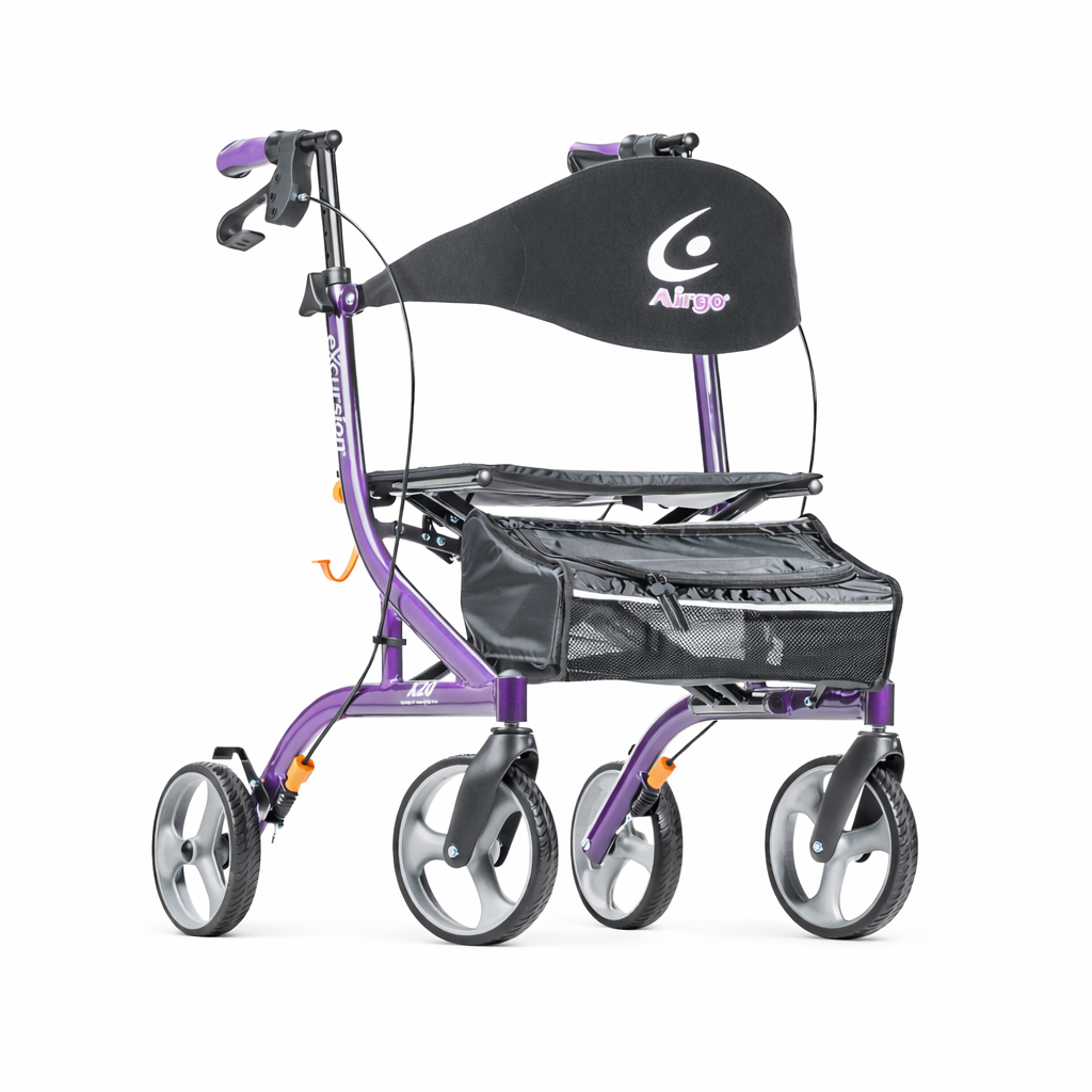 Purple rollator with a black seat and Airgo logo on a white background