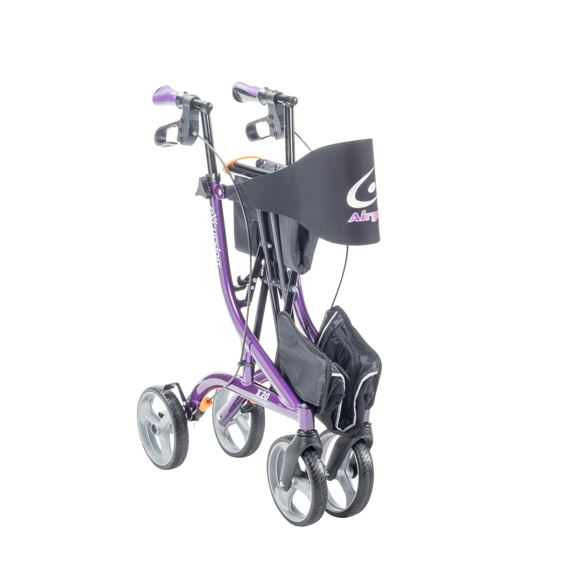 Purple and black walker with a bag on a white background