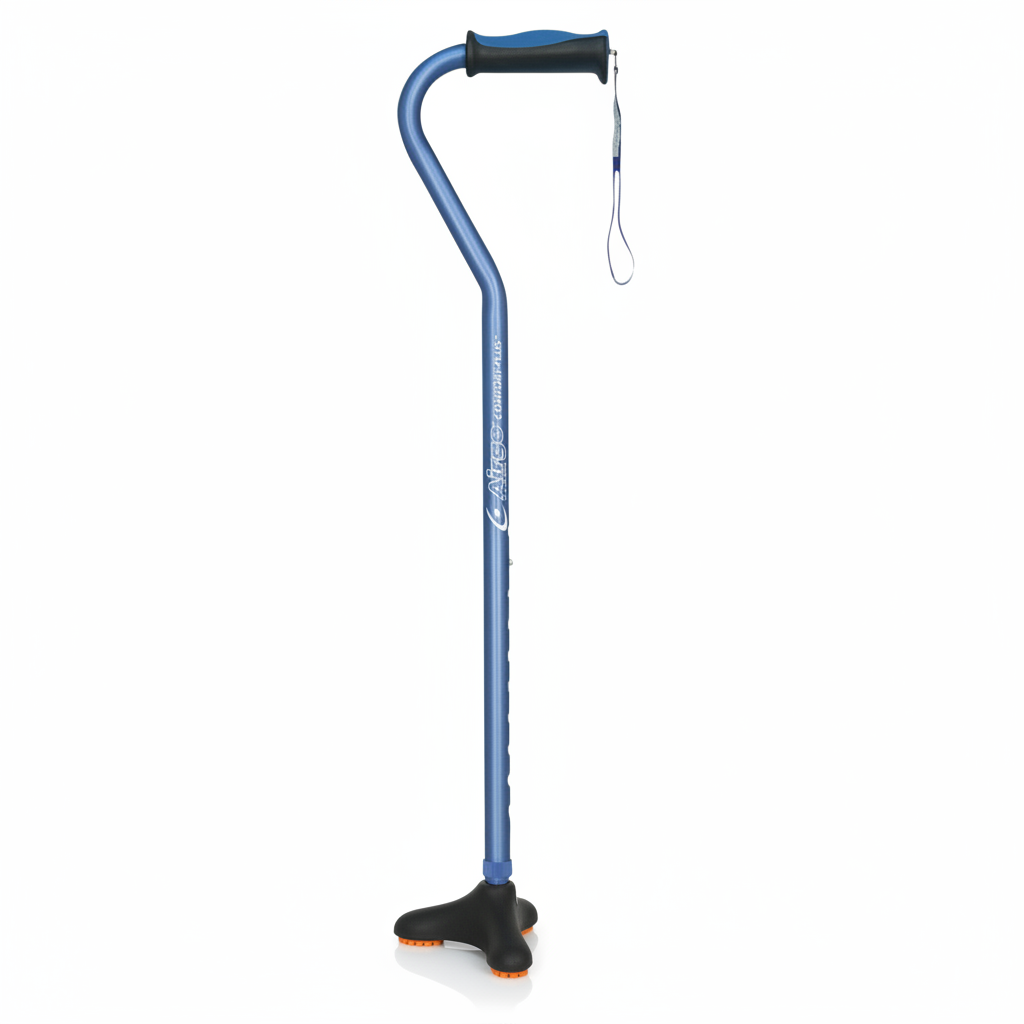 Blue walking cane with black handle and feet on a white background