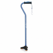 Blue walking cane with black handle and feet on a white background