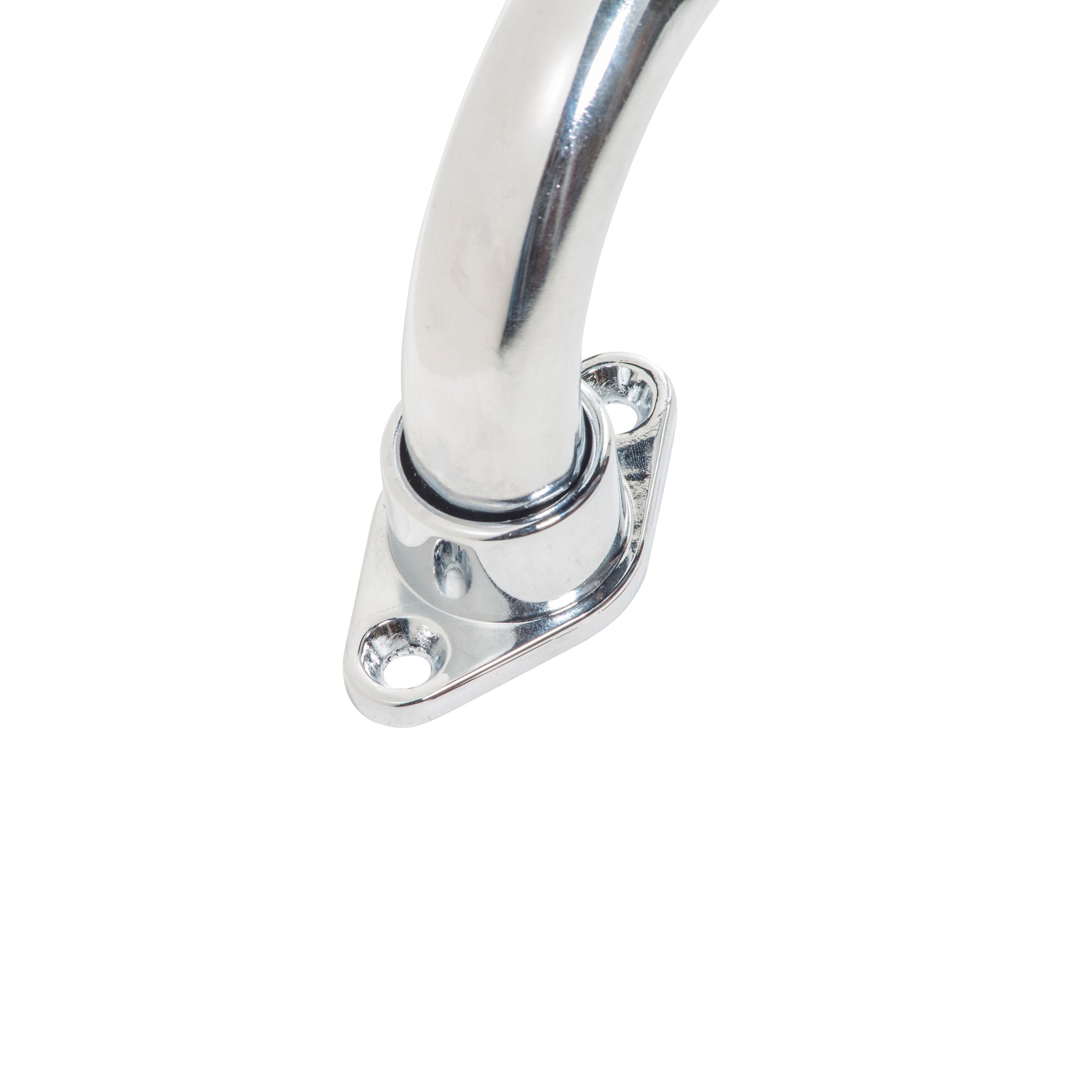 Chrome metal grab bar on a white background