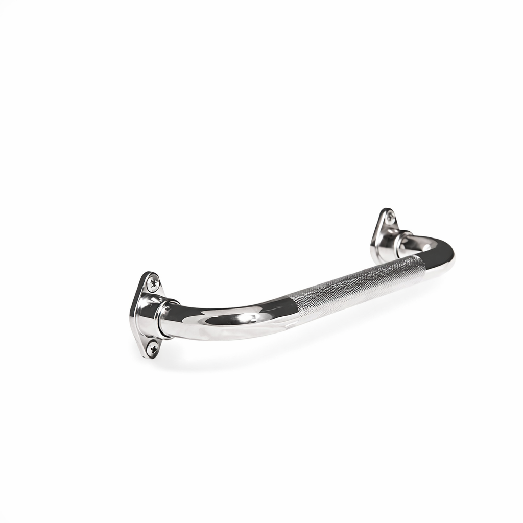 Metallic chrome grab bar 16'' on a white background