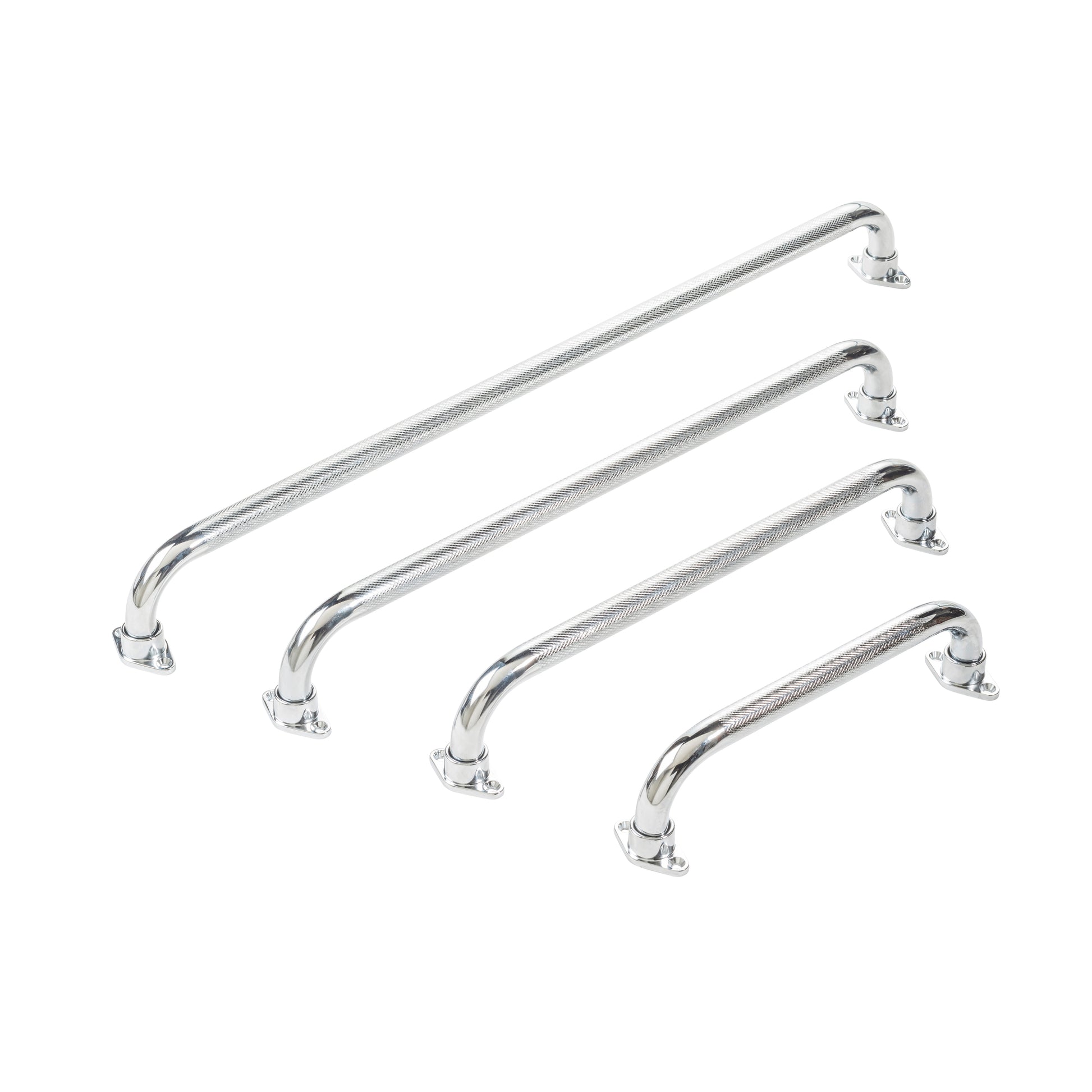 Set of four chrome towel racks on a white background