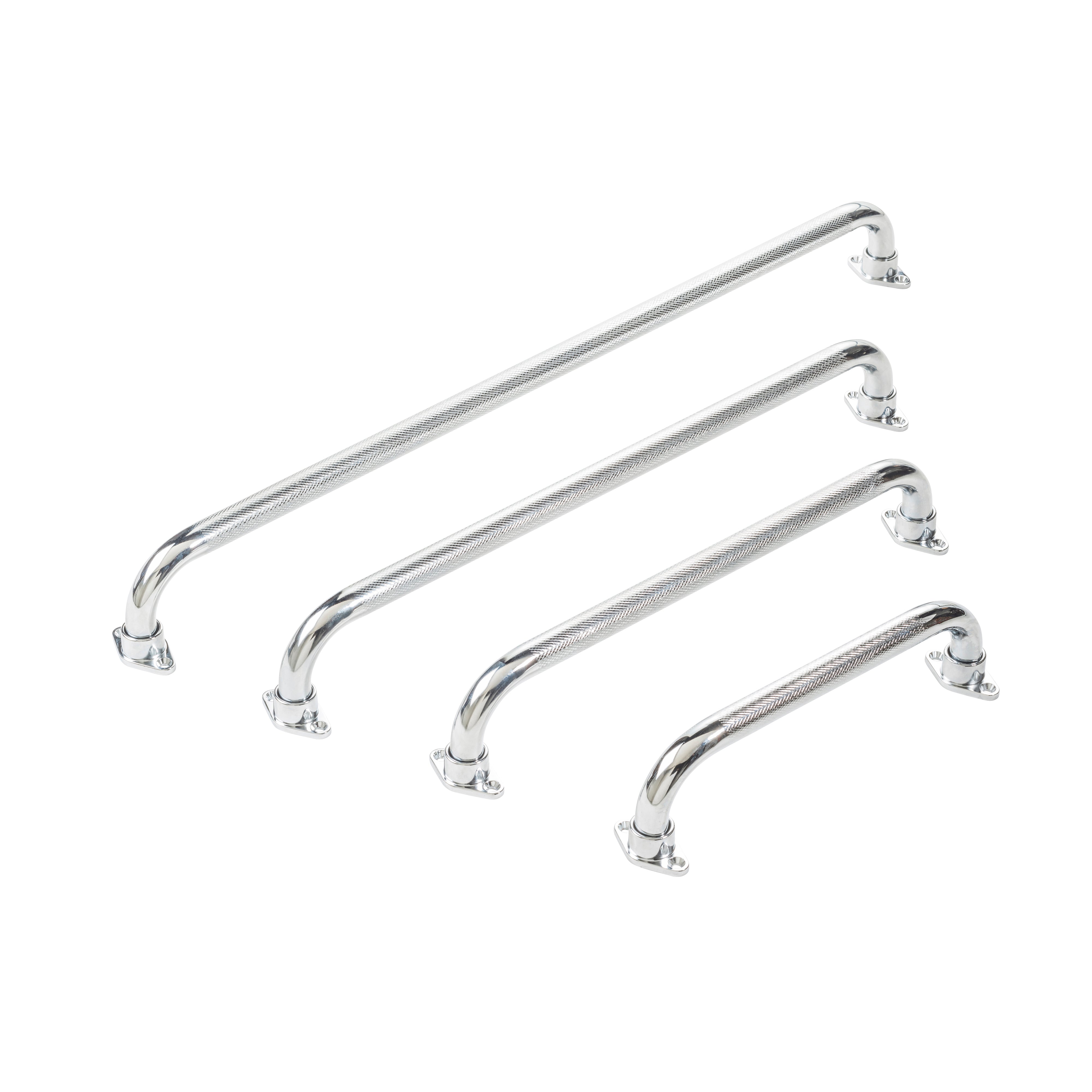 Set of four chrome towel racks on a white background