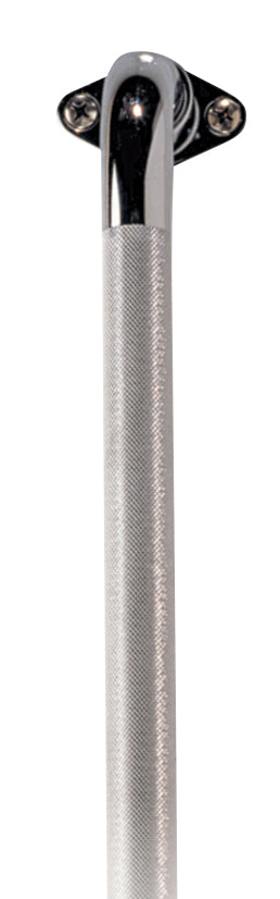 Metallic grab bar with textured surface and chrome cap on a white background