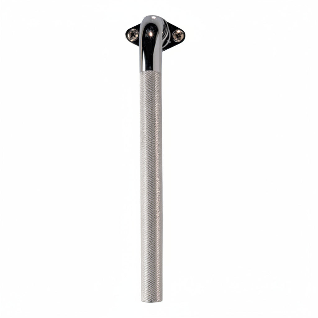 Metallic grab bar with textured surface and chrome cap on a white background