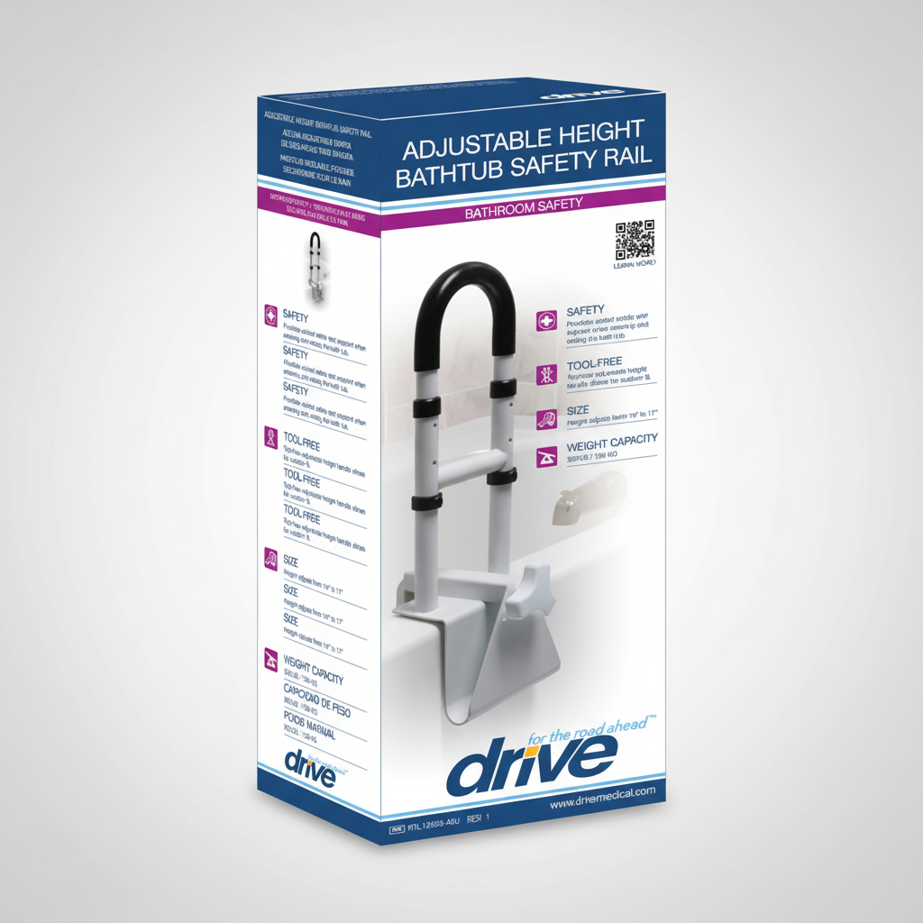 Box of Drive Adjustable Height Bathtub Safety Rail on a white background