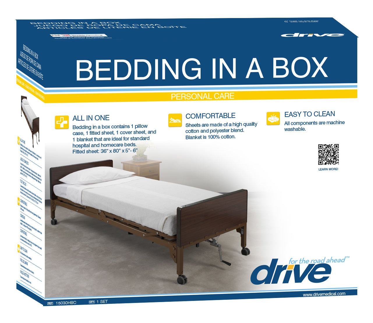 Box of 'Bedding in a Box' personal care product by Drive Medical with a bed illustration on a white background.