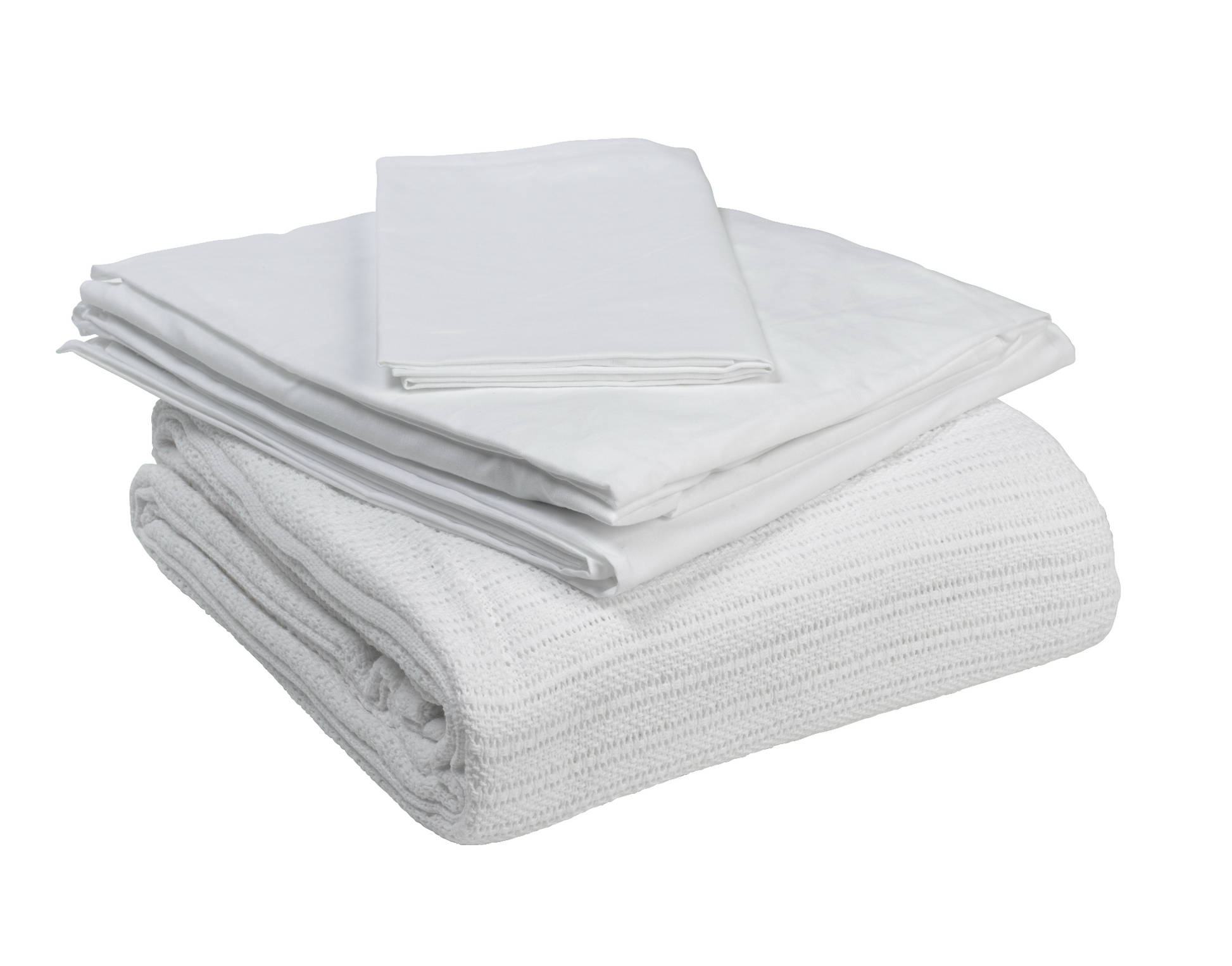 Folded white bed sheets on a white background