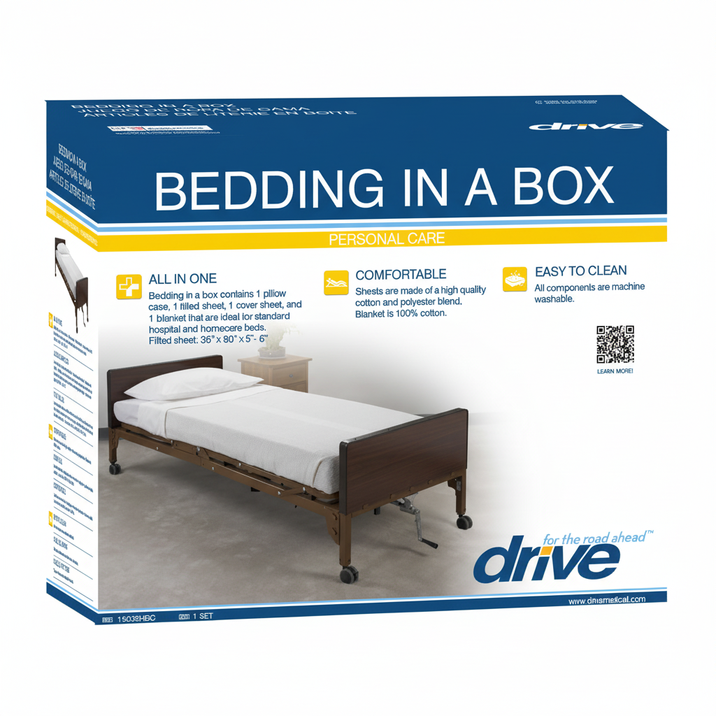 Box of 'Bedding in a Box' by Drive Medical with a bed image on a white background