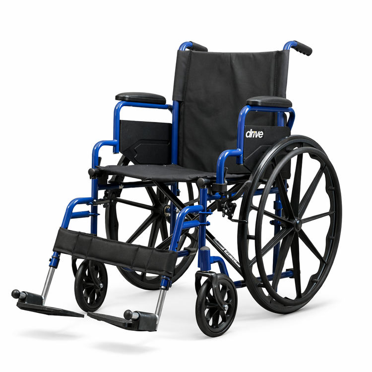 Wheelchair with blue frame and black seat on a white background