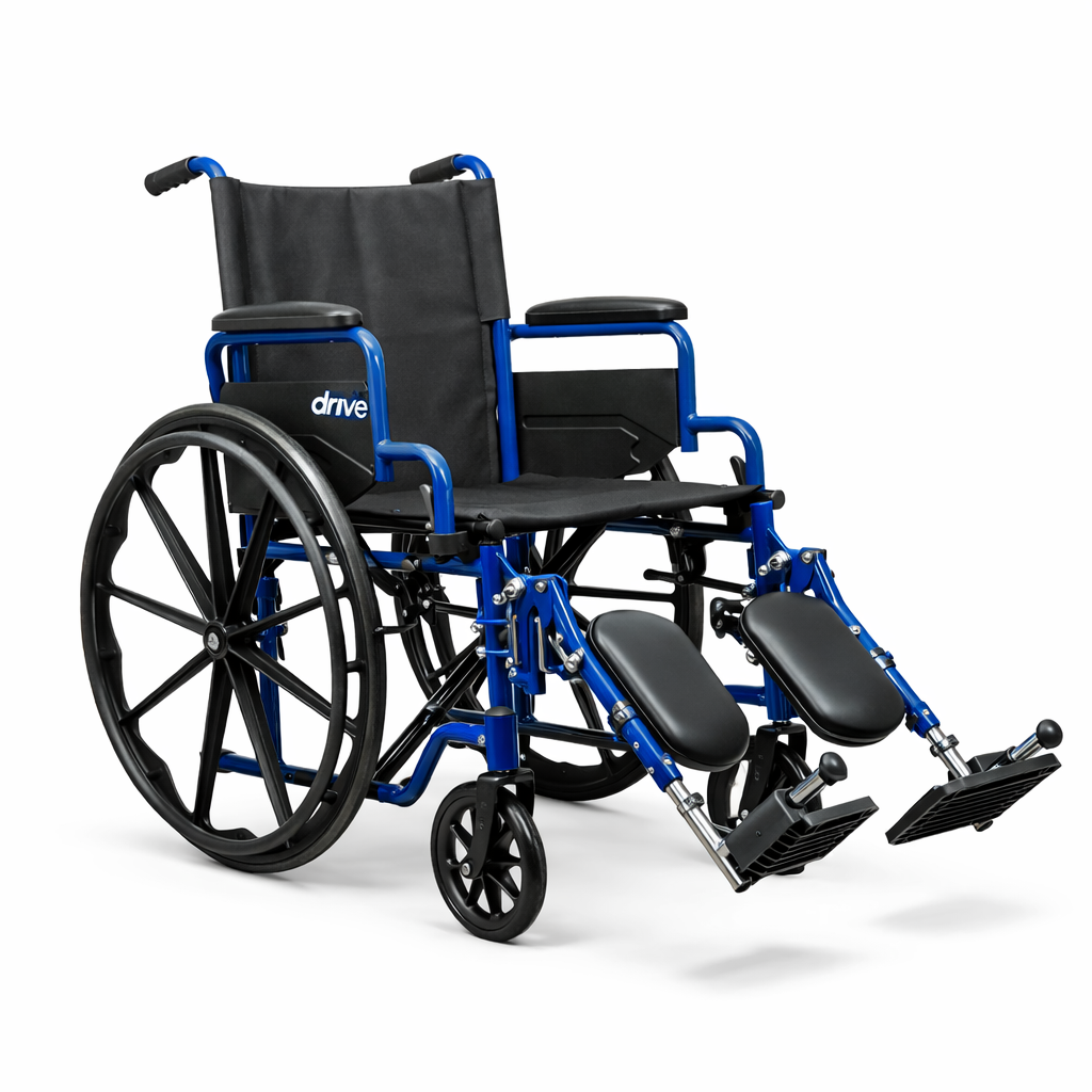 Blue and black wheelchair with 'Drive' branding on a white background