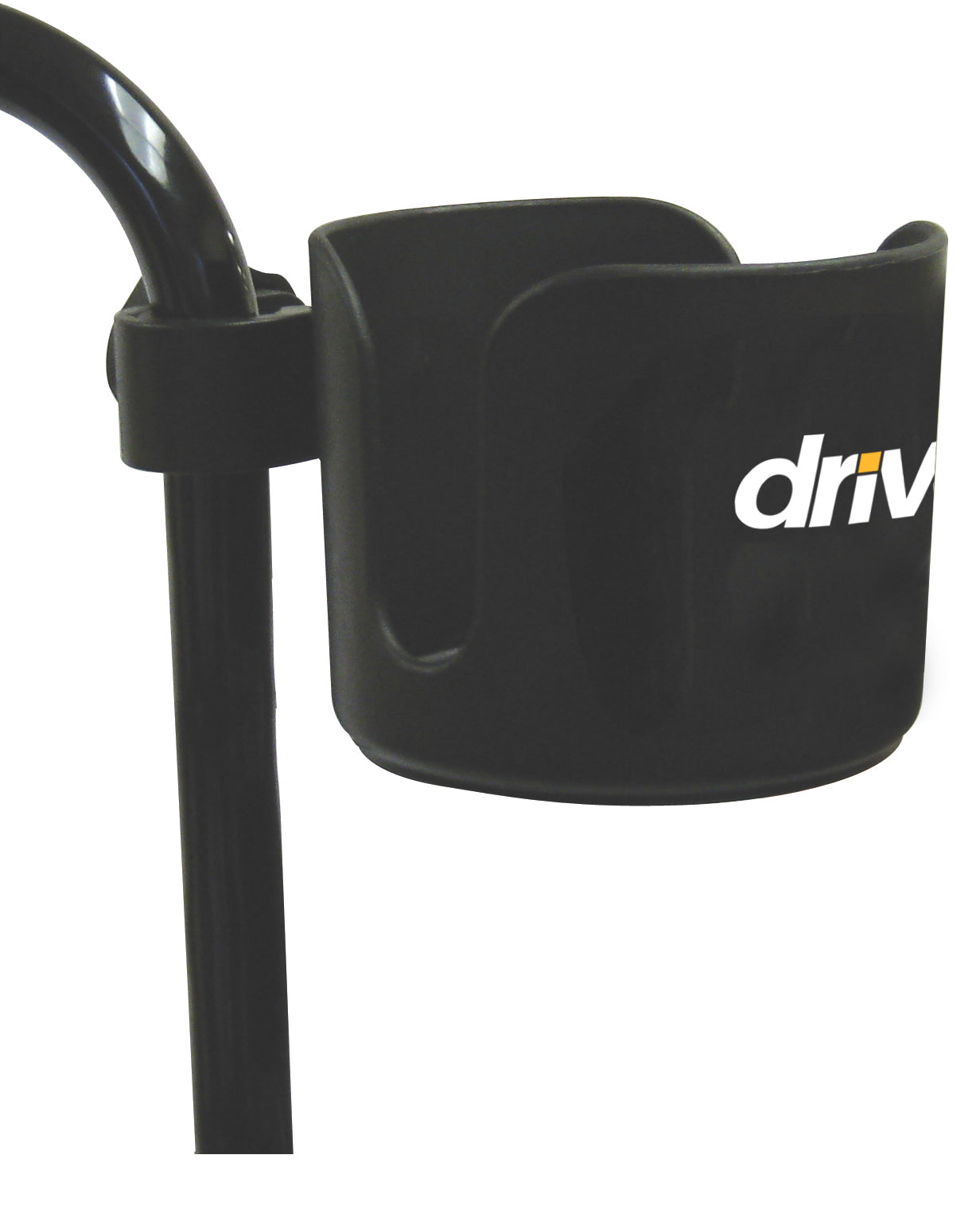 Black cup holder attached to a scooter handlebar with 'drive' branding.