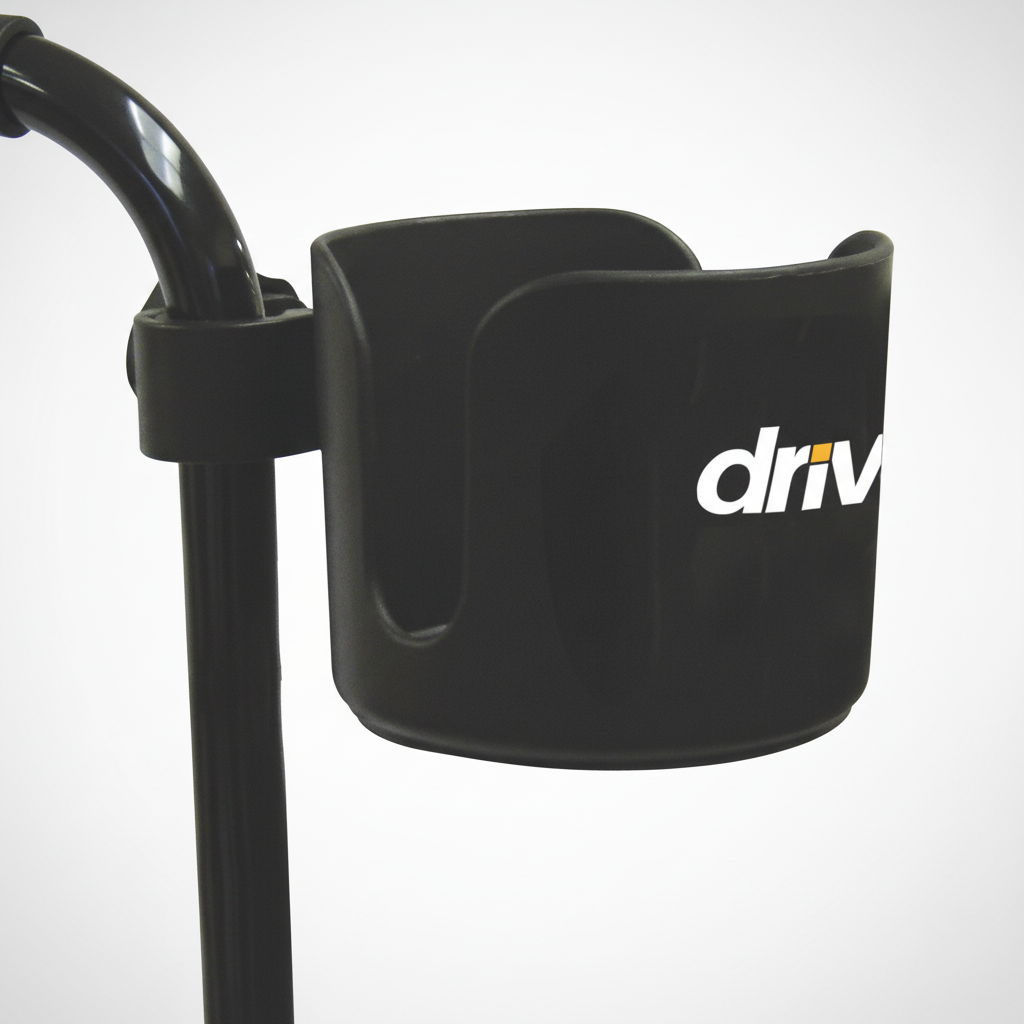 Black cup holder attached to a scooter handlebar with 'drive' branding.