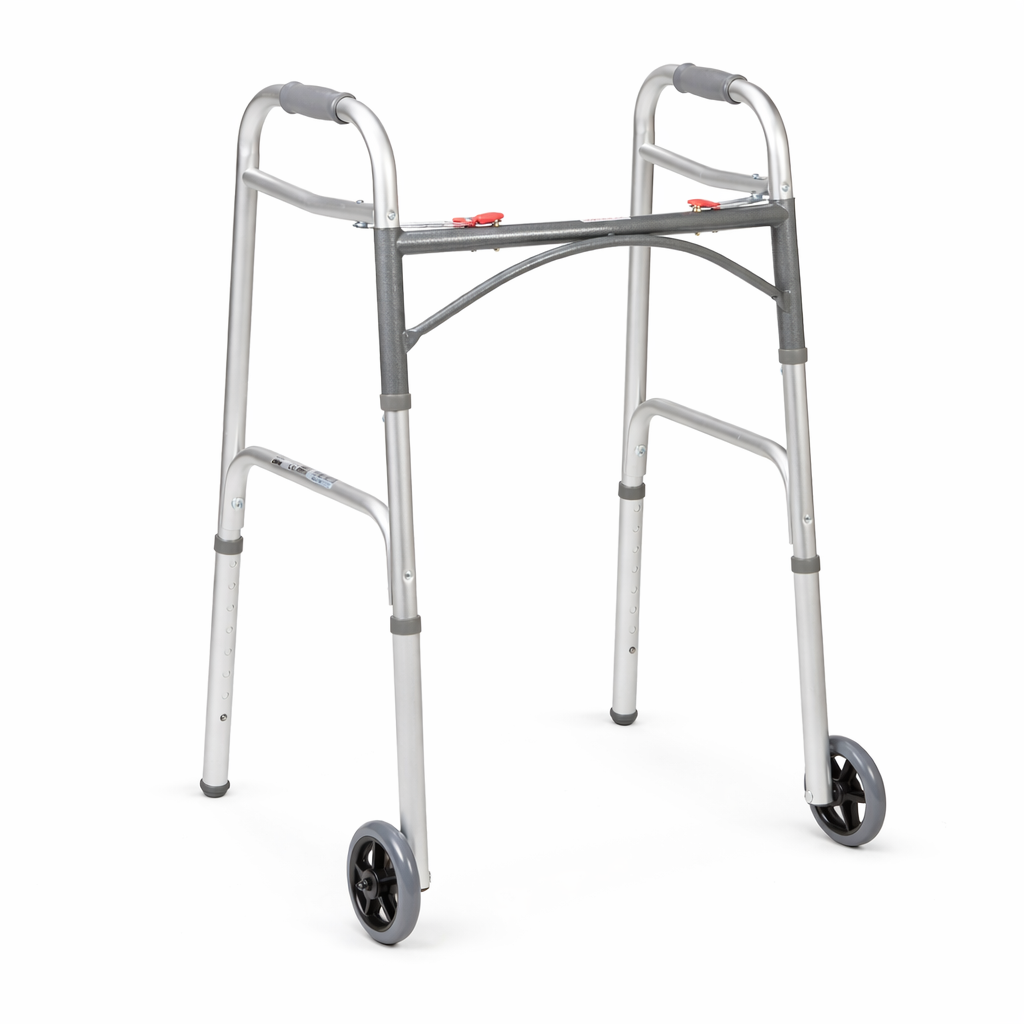 Silver walker with wheels on a white background