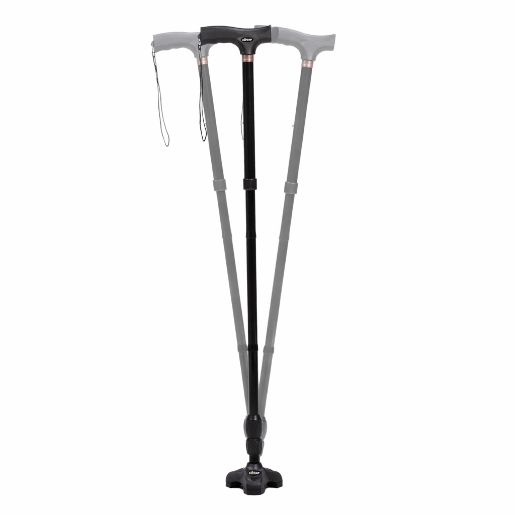 Collapsible walking stick with adjustable components on a white background