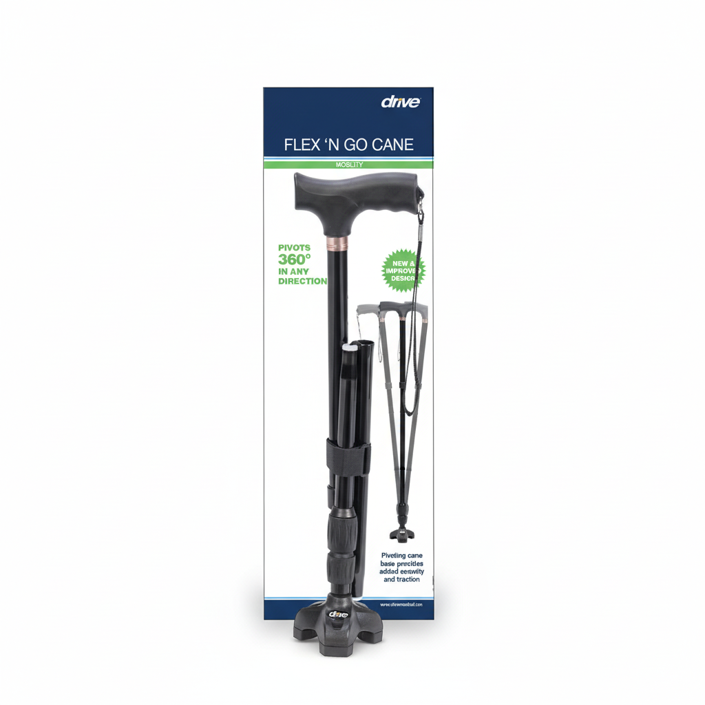 Black 'Flex N Go Cane' with packaging on a white background