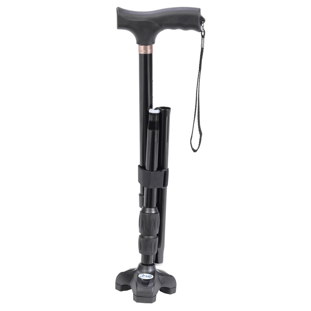 Black adjustable walking cane on a white background